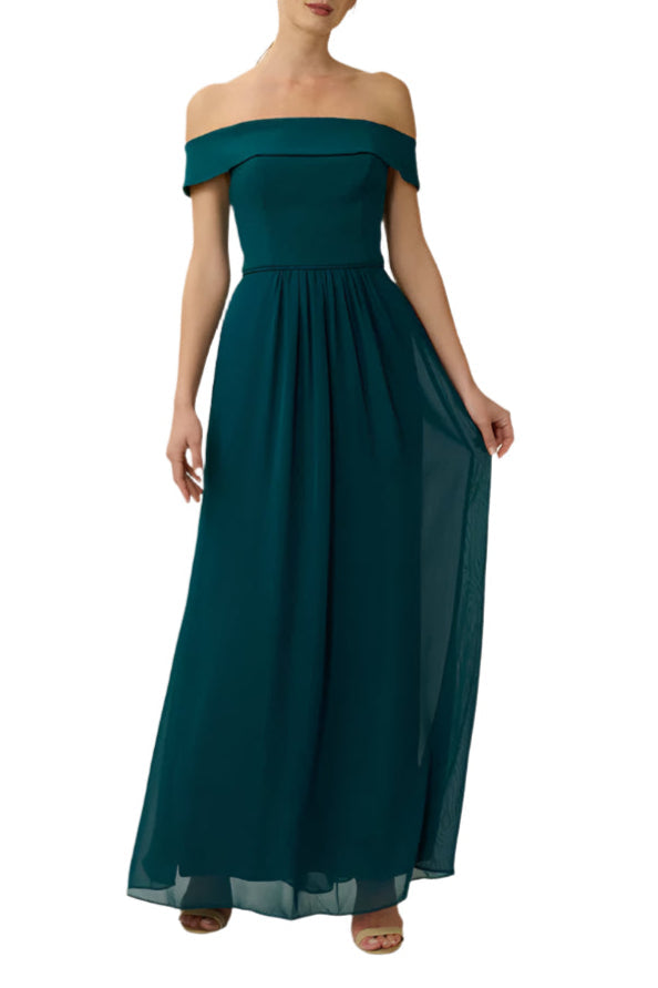 Adrianna Papell Off Shoulder Zipper Back Ruched Piping Detail Crepe Chiffon Dress