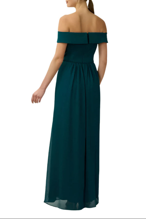 Adrianna Papell Off Shoulder Zipper Back Ruched Piping Detail Crepe Chiffon Dress