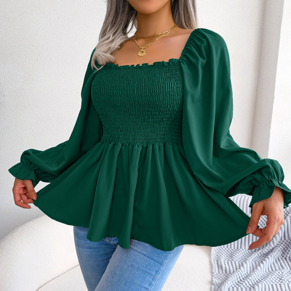 Women's Solid Color Casual Ruffle-trimmed Square-neck Long-sleeve Top