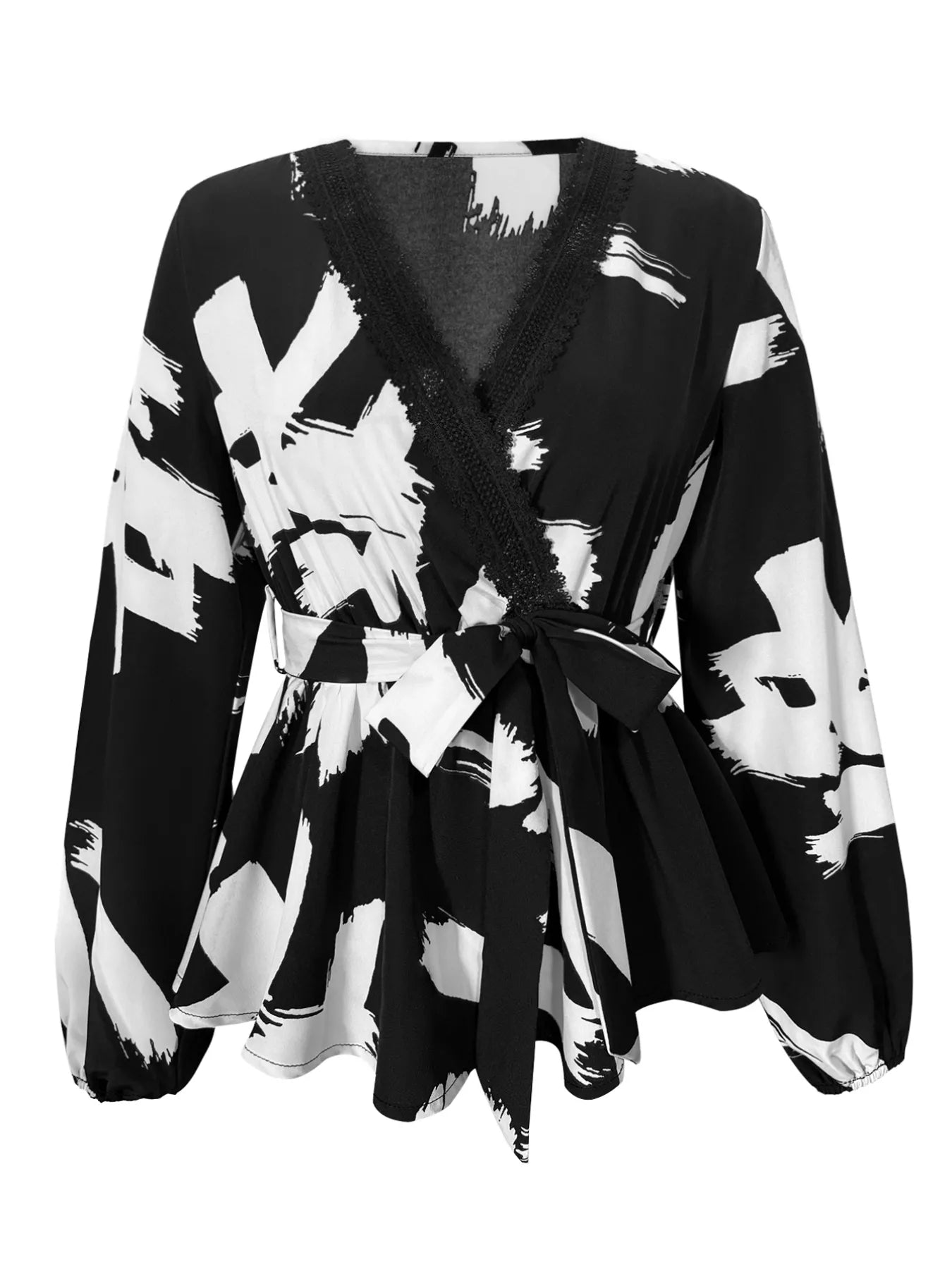 Black Tie Waist Long Sleeve Blouse