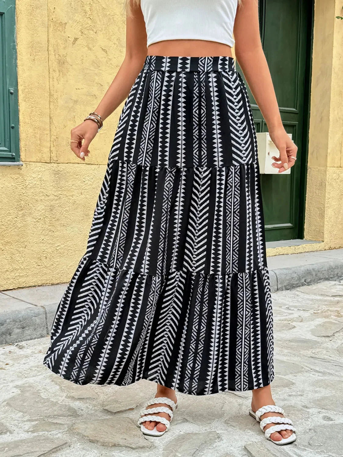 Black and White Tiered Bohemian Maxi Skirt with Pockets