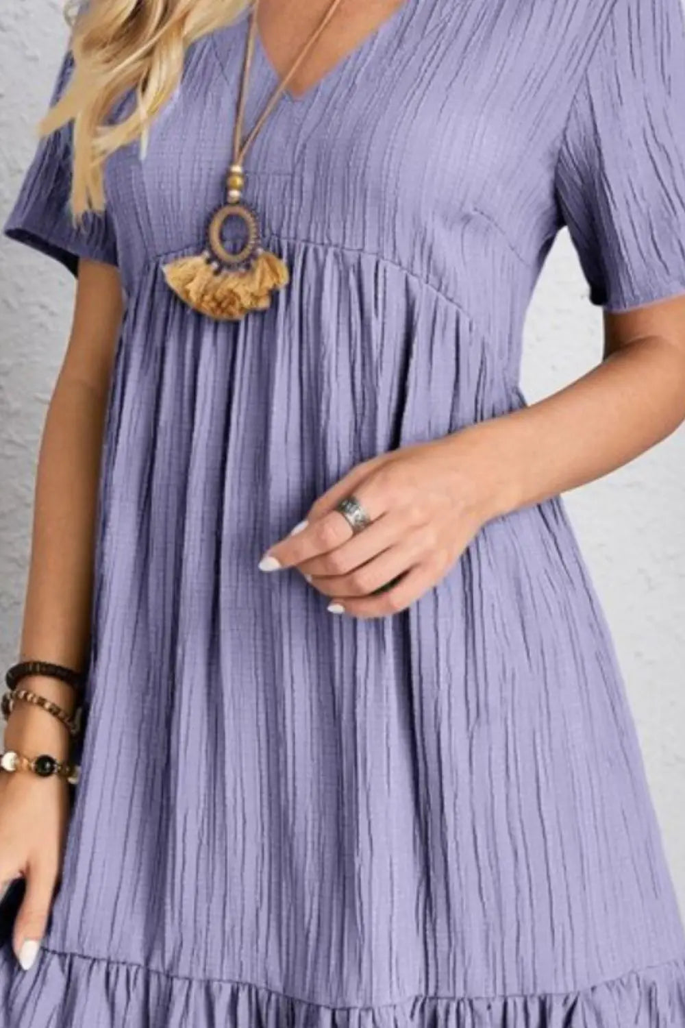 Boho Textured V-Neck Short Sleeve Babydoll Dress