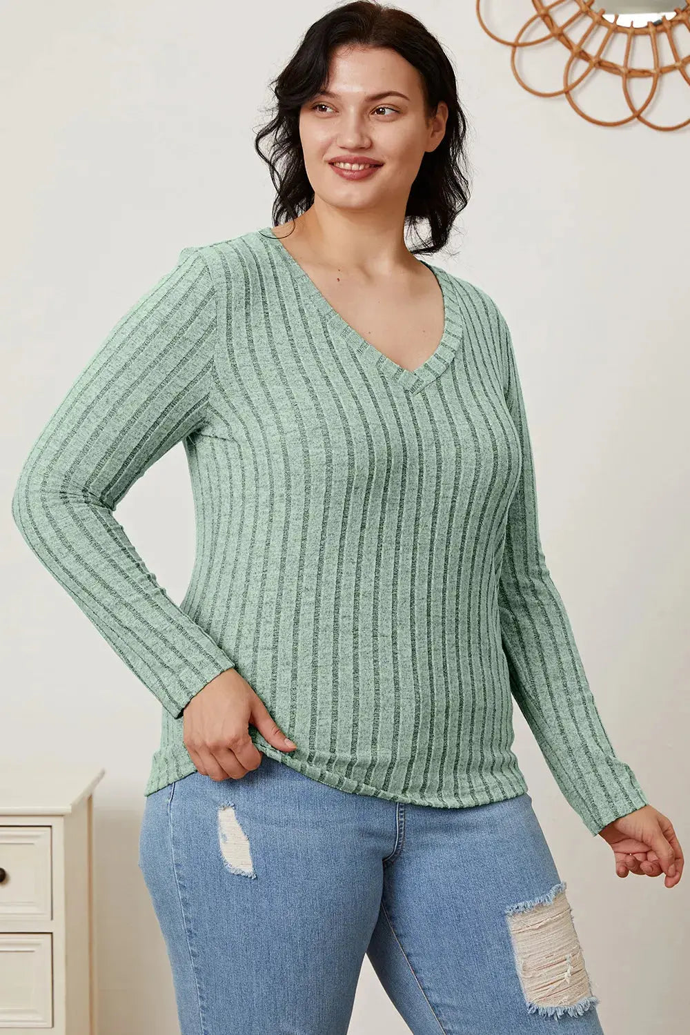Basic Bae Full Size Ribbed V-Neck Long Sleeve T Shirt for Women
