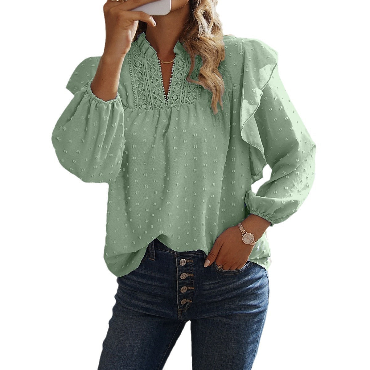 Spring And Summer Ruffled Lantern Sleeves Lace Stitching Blouse