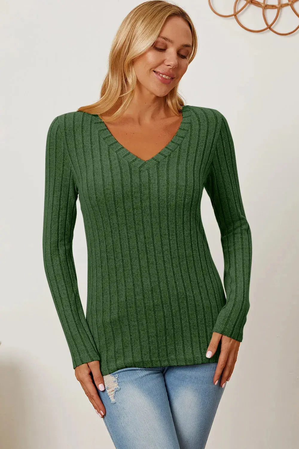 Basic Bae Full Size Ribbed V-Neck Long Sleeve T Shirt for Women