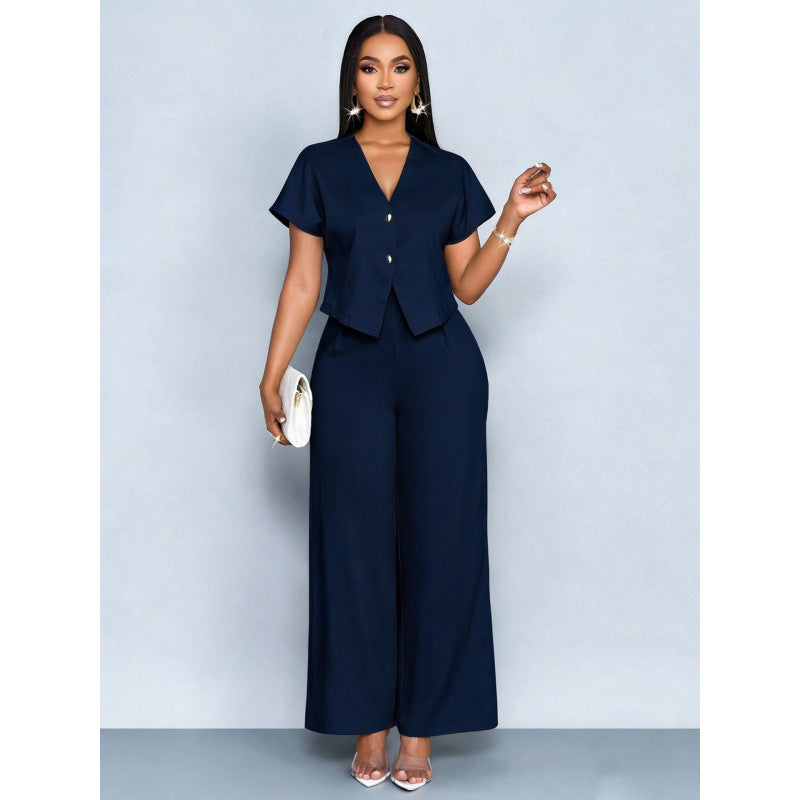Short-sleeve V-neck Irregular Cardigan And Straight-leg Wide-leg Pants Set