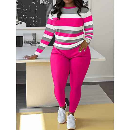 Women's Cozy 2 Piece Outfits Lounge Sets Striped Color Block Long Sleeve Tops Jogger Sweatpants Track Suits Set