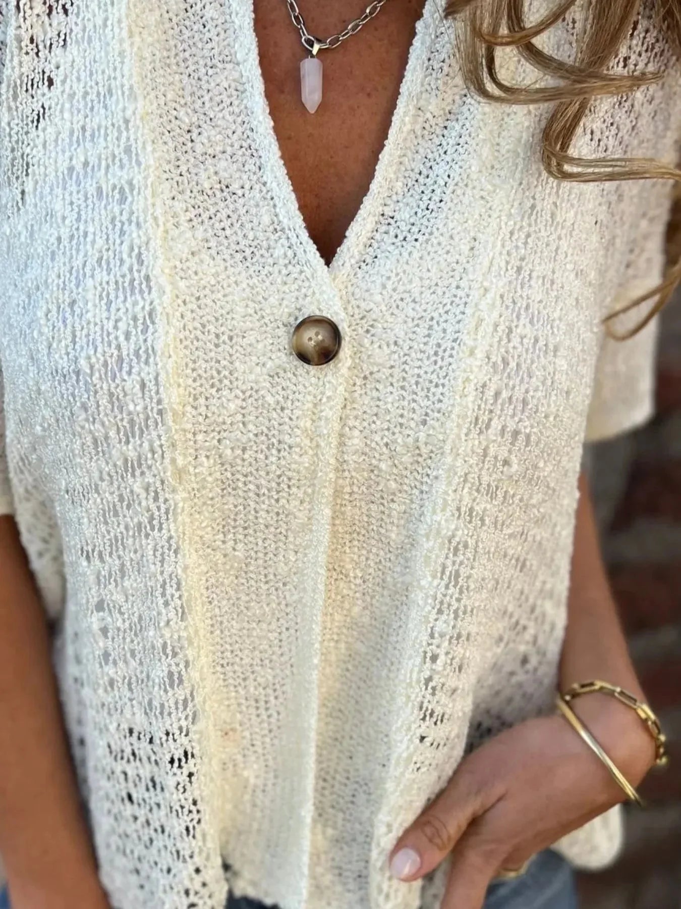 Full Size Knit Openwork One Button Cardigan