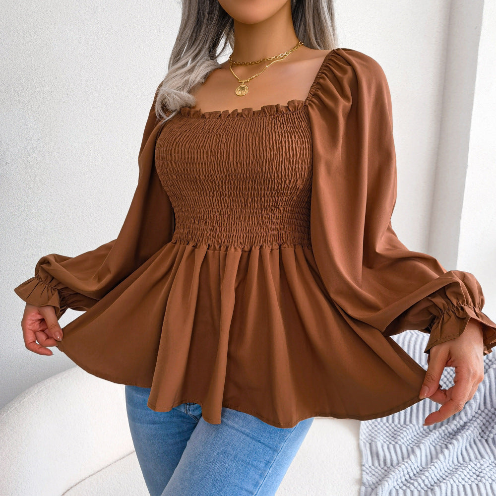 Women's Solid Color Casual Ruffle-trimmed Square-neck Long-sleeve Top