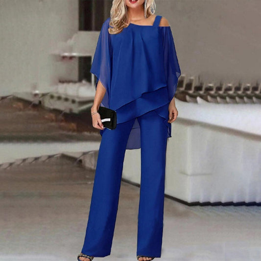 Solid Loose Irregular Suits Batwing Sleeve Top And Straight Trousers Set