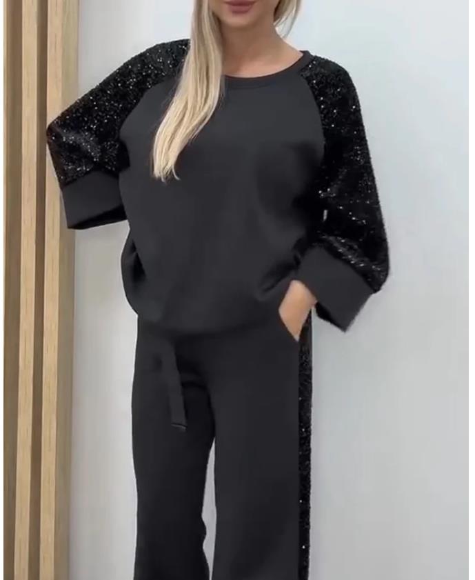 Sequined Patchwork Long-Sleeve Crew-Neck Sweatshirt And Sweatpants Set