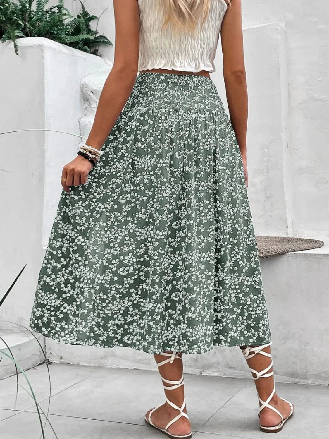 Slit Smocked High Waist Floral Midi Skirt
