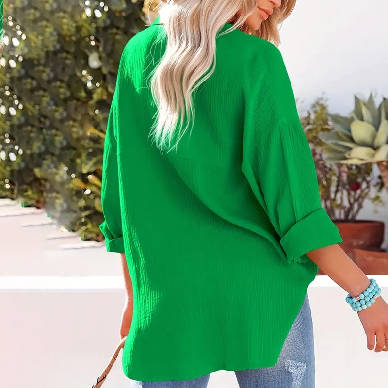 Women's Solid Color V-Neck Long Sleeve Blouse - Textured Button-Up Shirt, Casual & Minimalist Top For Spring&Fall