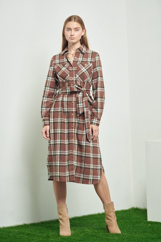 Jade by Jane Plaid Print Collar Long Shirt Dress