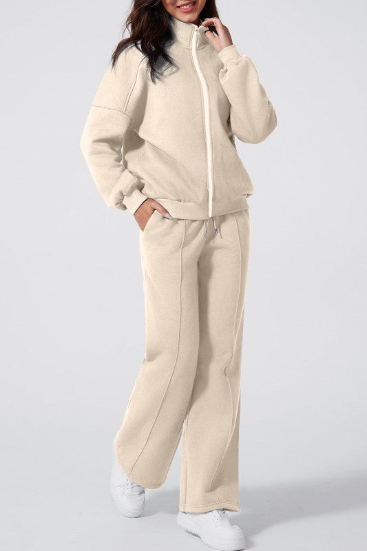 Solid Zip-Up Jacket and Drawstring Pants Set