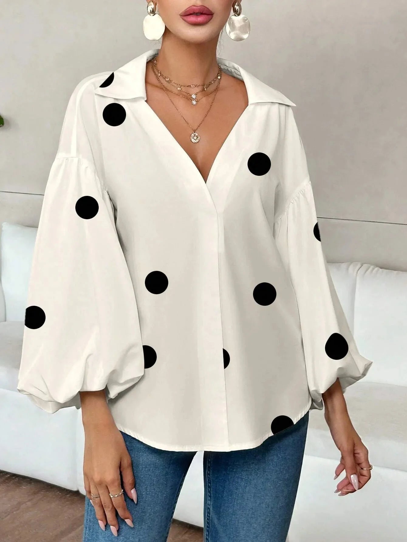 Oversized Polka Dot Balloon Sleeve Blouse