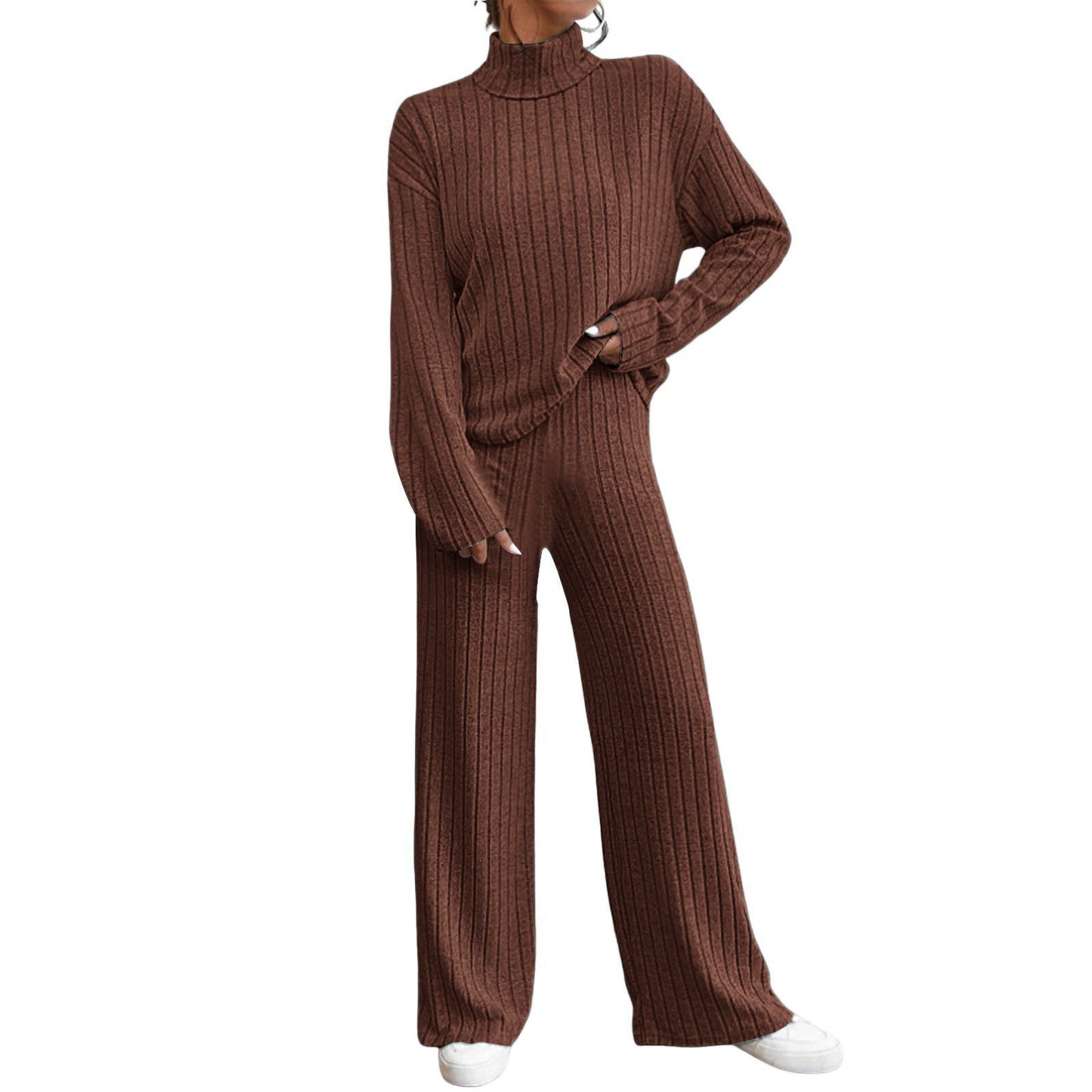 r Leisure Turtleneck Knitting Long-sleeve Suit Women's Sweater Loose Trousers Two-piece Set
