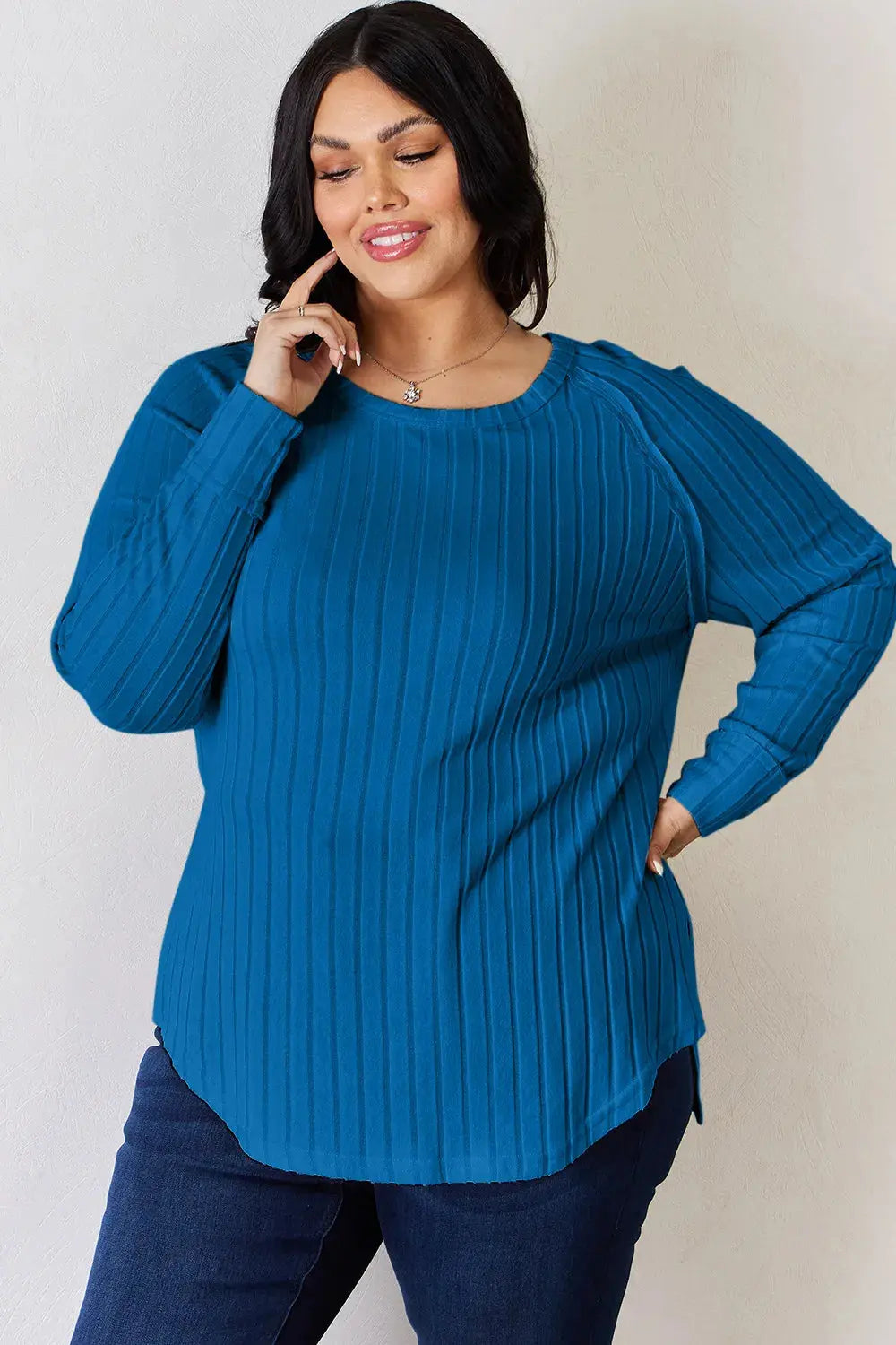 Basic Bae Ribbed Round Neck Slit Womens Long Sleeve T Shirt – Full & Plus Size