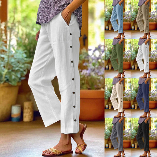 Cropped Pants With Decorative Buttons Along The Side Seams