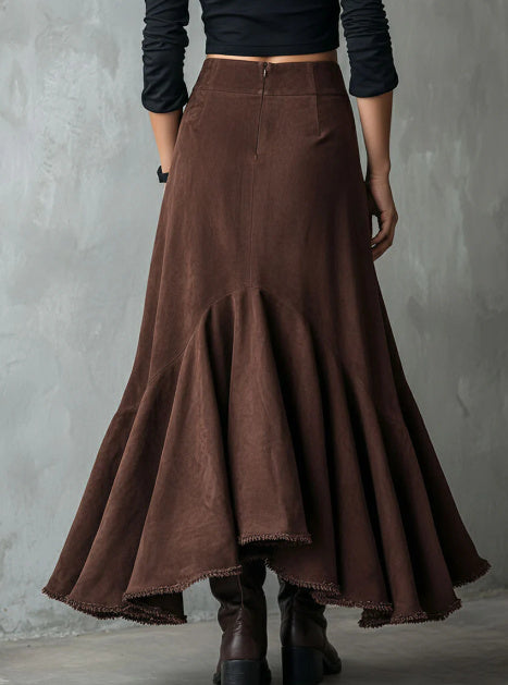 Western Brown High-Low Eco Suede Ruffle Maxi Skirt