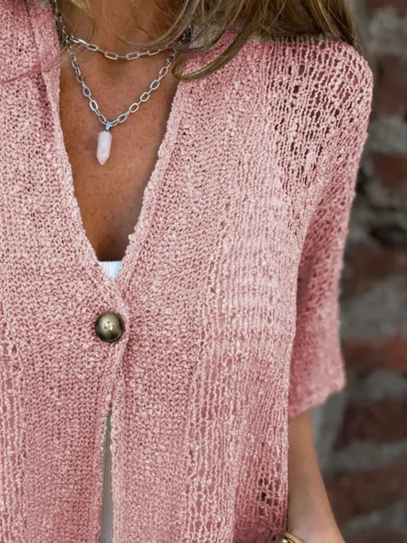 Full Size Knit Openwork One Button Cardigan