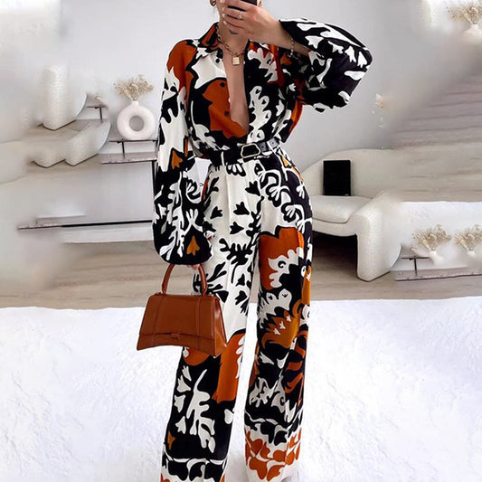 Color Contrast Printed Casual Two-piece Suit