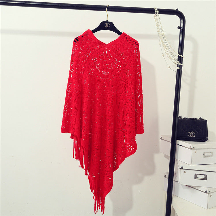 Women's Knitted Crocheted Hollow Irregular Tassel Pullover Sweater