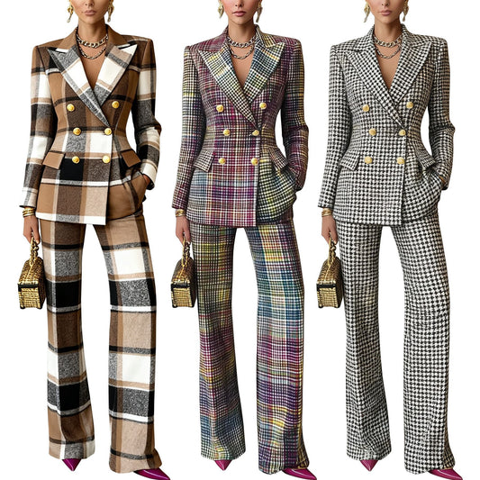 Plaid-printed Long-sleeve Tailored Suit Pants Set