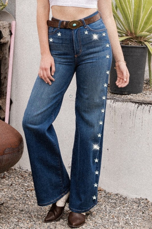 GJG Denim Wide Leg Jeans with Star Diamond Stud Detail
