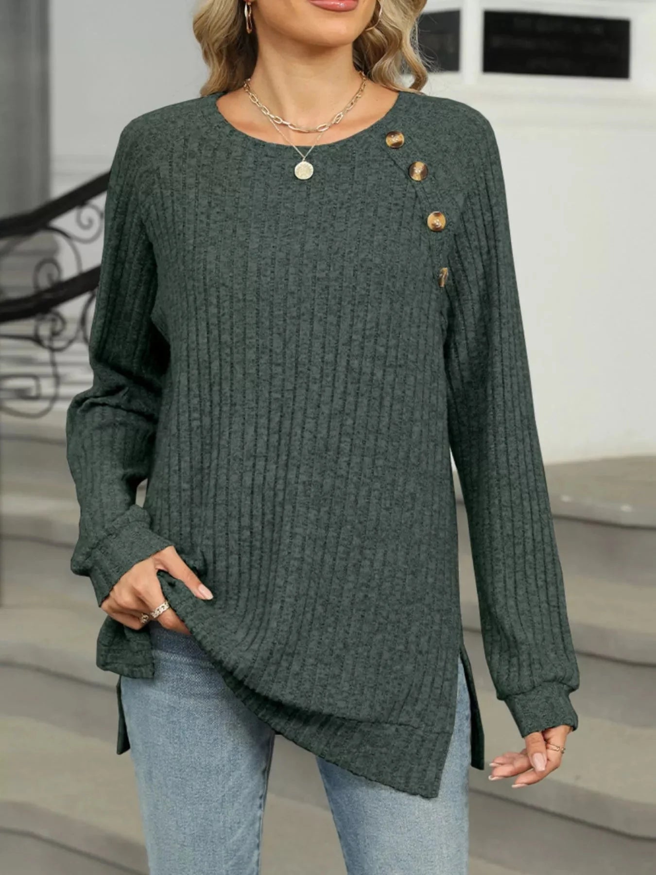 Cozy Chic Ribbed Button Detail Long Sleeve Tunic