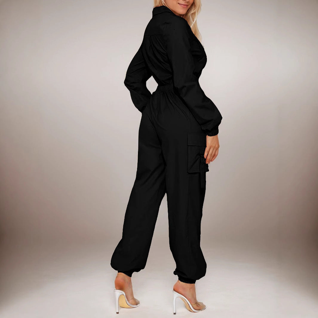 Flip Pocket Elastic Waist-tightening Zipper Jumpsuit