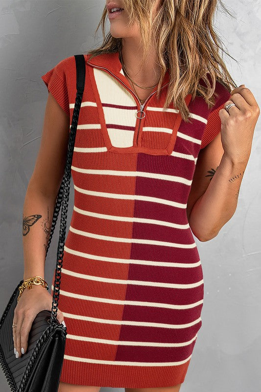 Stripe Color Block Zip Short Sleeve Sweater Dress