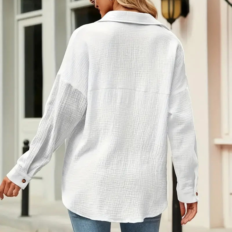 Women's Solid Color V-Neck Long Sleeve Blouse - Textured Button-Up Shirt, Casual & Minimalist Top For Spring&Fall