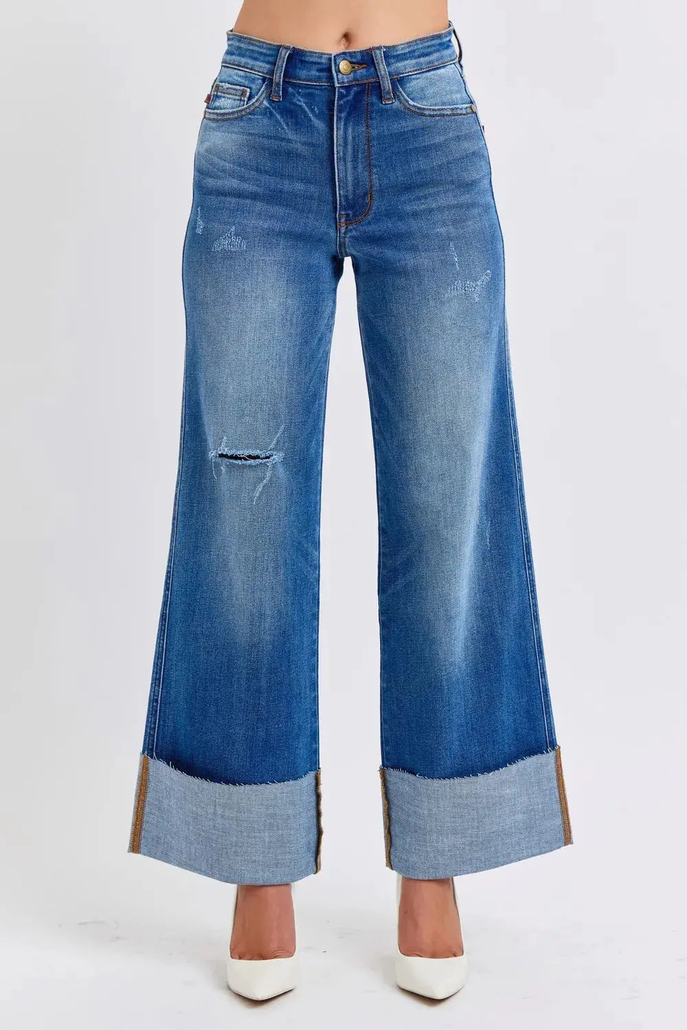 Distressed High Waist Wide Leg Cuffed Judy Blue Jeans – Full Size