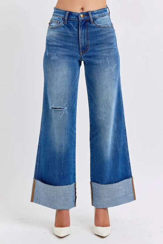 Distressed High Waist Wide Leg Cuffed Judy Blue Jeans – Full Size