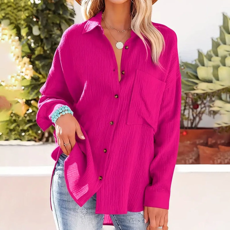 Women's Solid Color V-Neck Long Sleeve Blouse - Textured Button-Up Shirt, Casual & Minimalist Top For Spring&Fall
