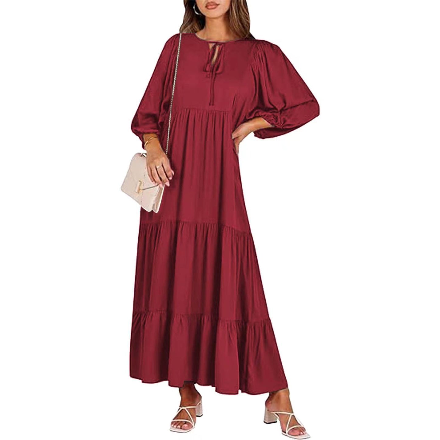 Vintage Printed Bohemian Dress Elegant Ladies Casual Loose V-Neck Short Sleeve Long Dresses