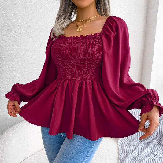 Women's Solid Color Casual Ruffle-trimmed Square-neck Long-sleeve Top