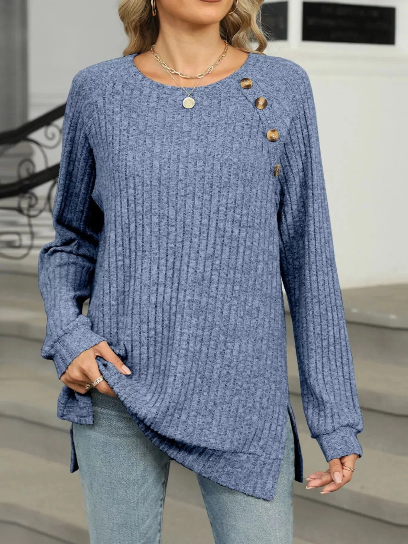 Cozy Chic Ribbed Button Detail Long Sleeve Tunic