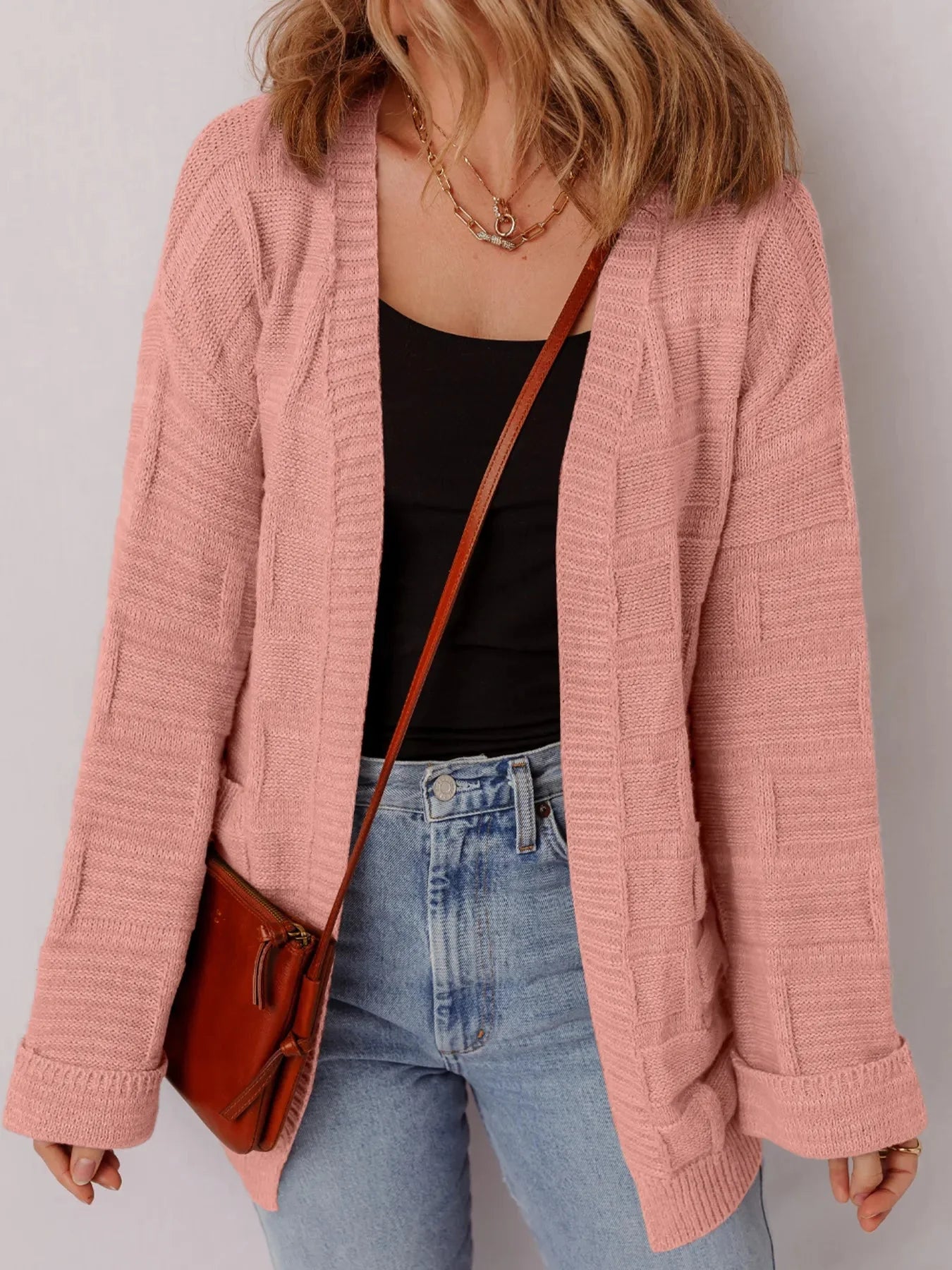 Textured Knit Open Front Cardigan with Pockets