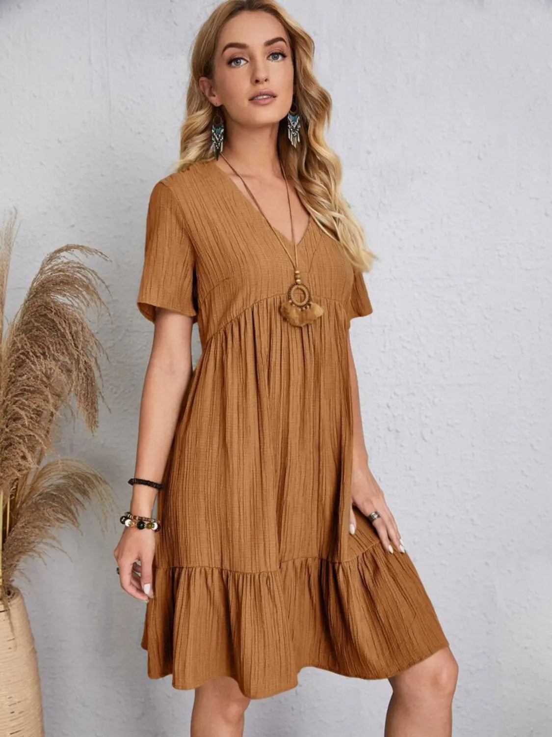 Boho Textured V-Neck Short Sleeve Babydoll Dress
