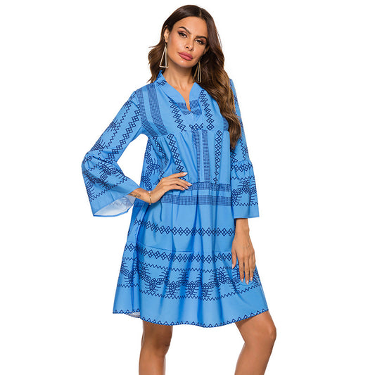Bohemian Flare Sleeve Stand Dress