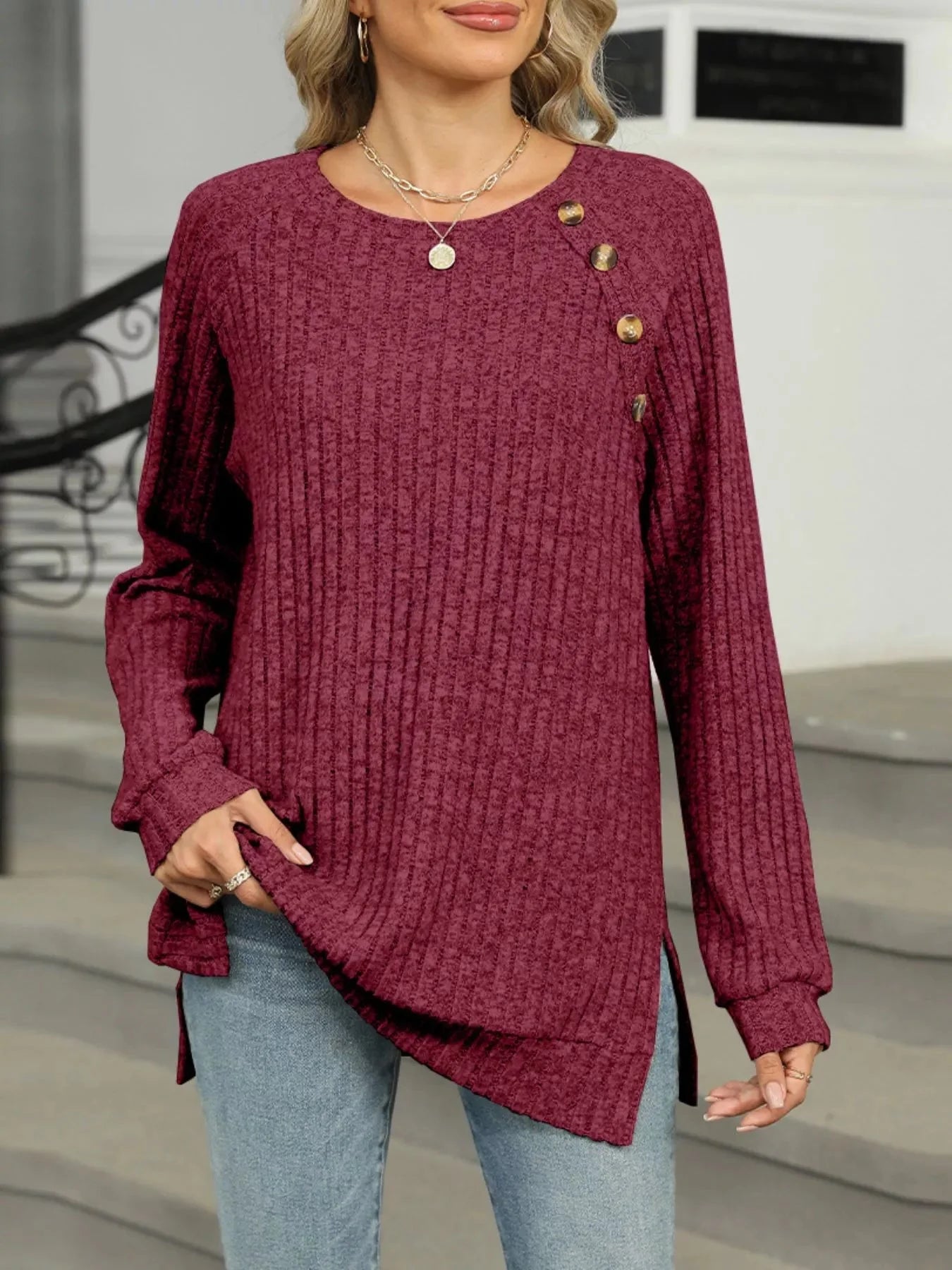 Cozy Chic Ribbed Button Detail Long Sleeve Tunic