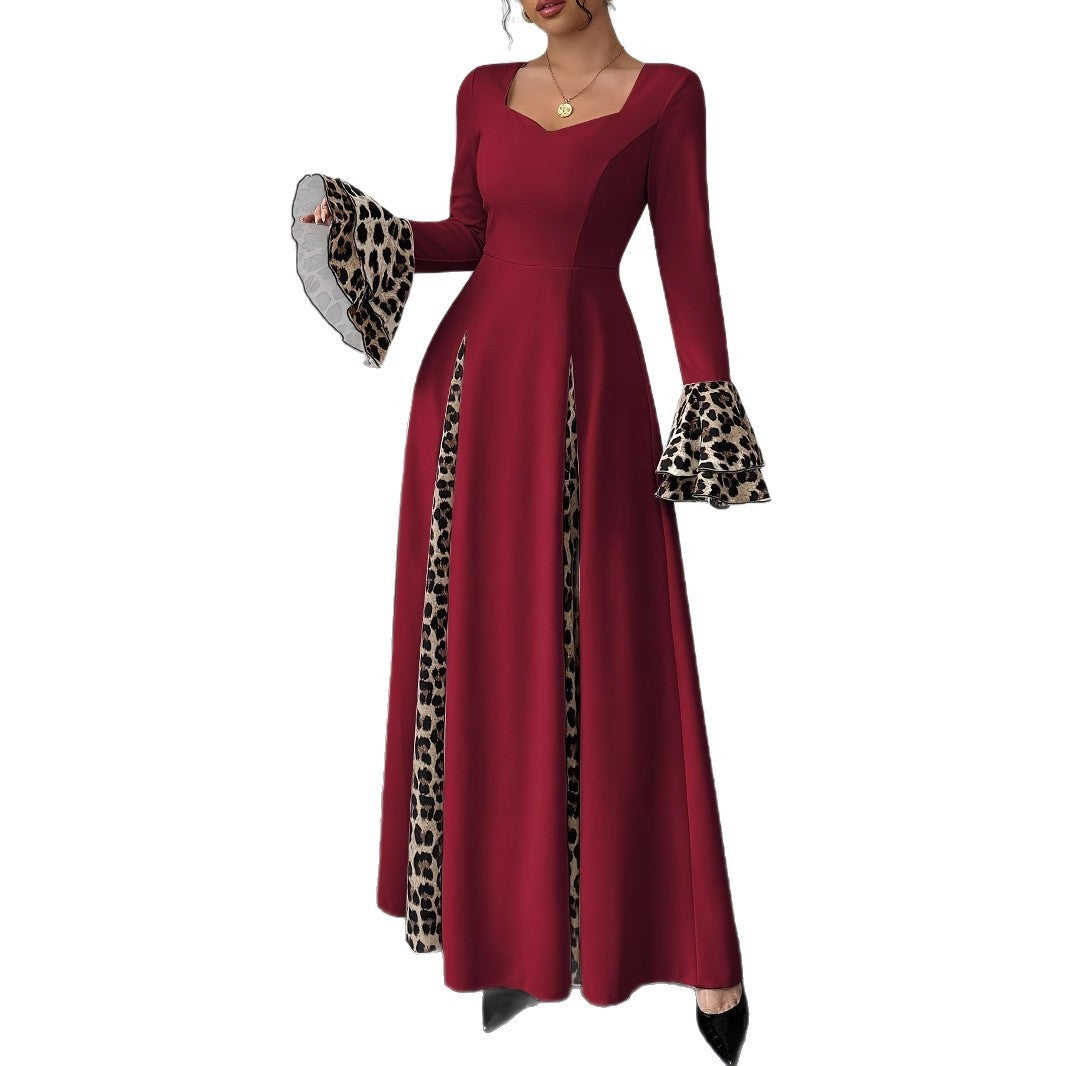 European And American Women's Clothing Leopard Print Contrast Color Long Dress