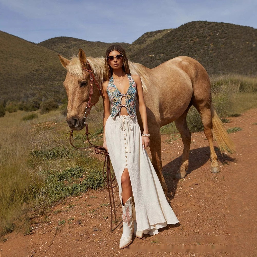 Half-length Solid Color Lace-up Waist-slimming Long Dress