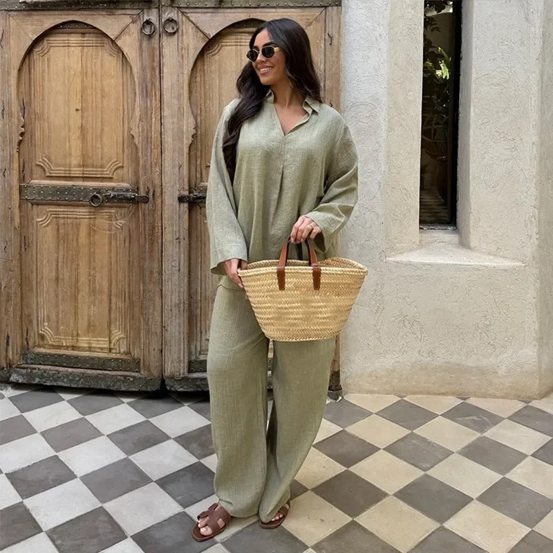 Summer And Autumn V-neck Women's Shirt Two-piece Set