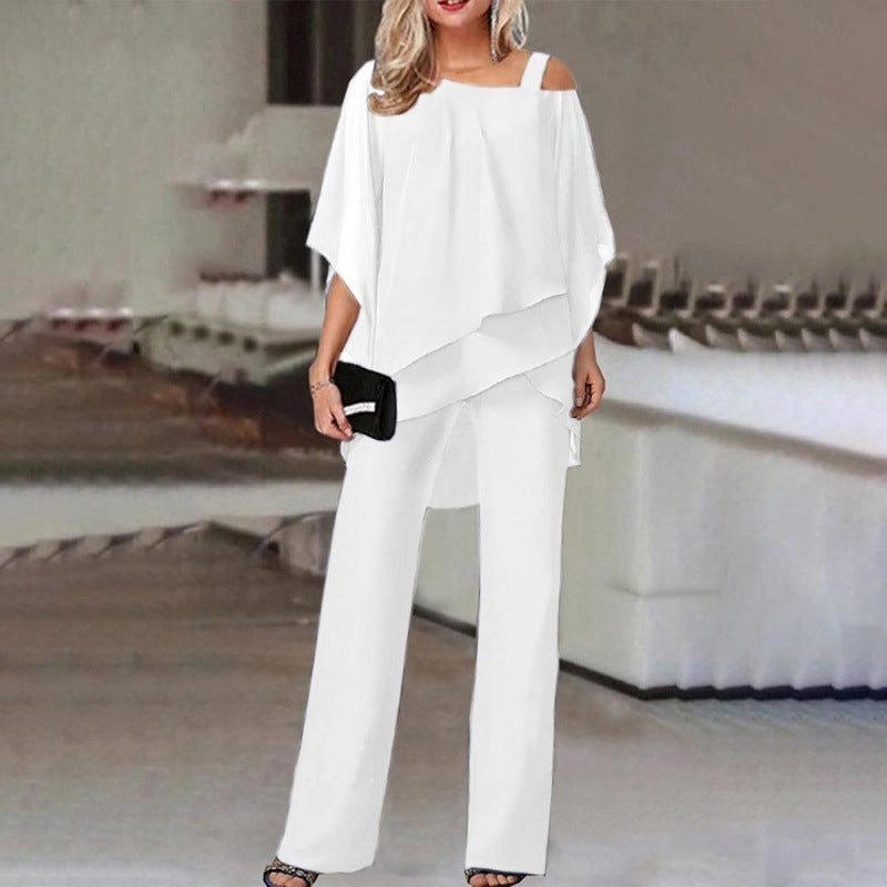 Solid Loose Irregular Suits Batwing Sleeve Top And Straight Trousers Set