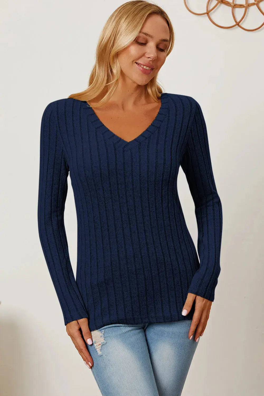 Basic Bae Full Size Ribbed V-Neck Long Sleeve T Shirt for Women