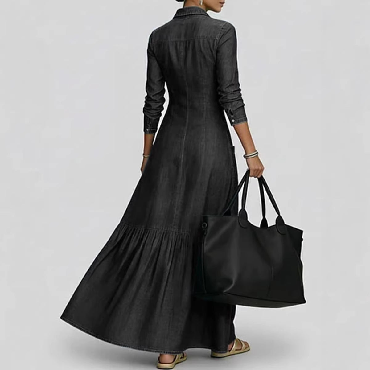 Street-style Vintage-collar Chic Denim High-end And Fashionable Fitted-waist Maxi Dress