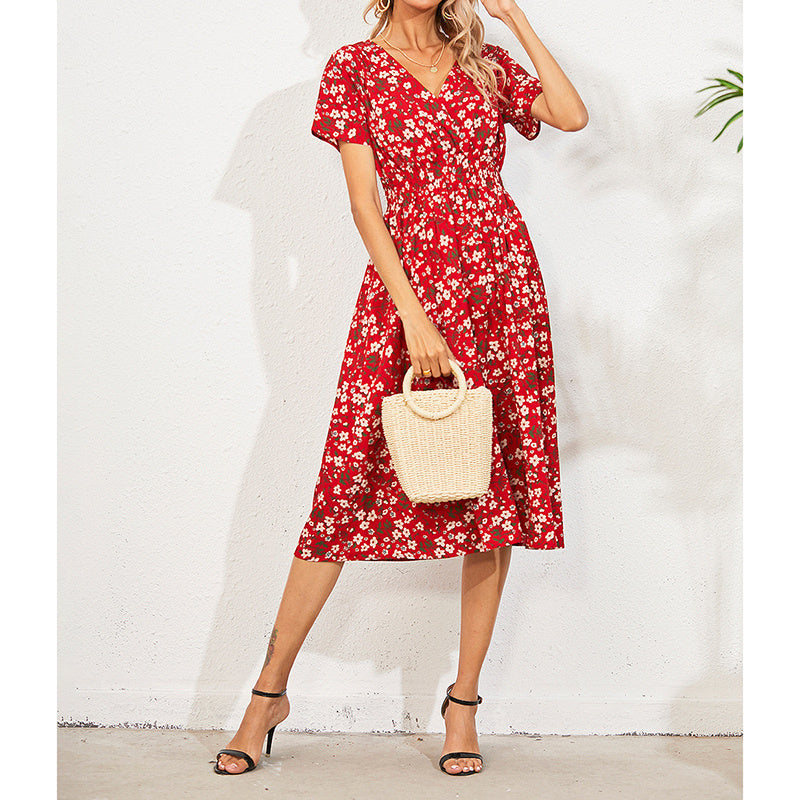 Boho V Neck Floral Print Short Sleeve Mini Dress Cute Smocked Waist Short Dress